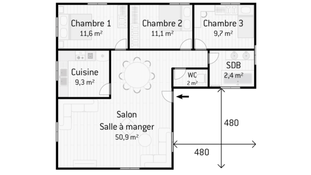 plan de maison en L 100m2 3 chambres