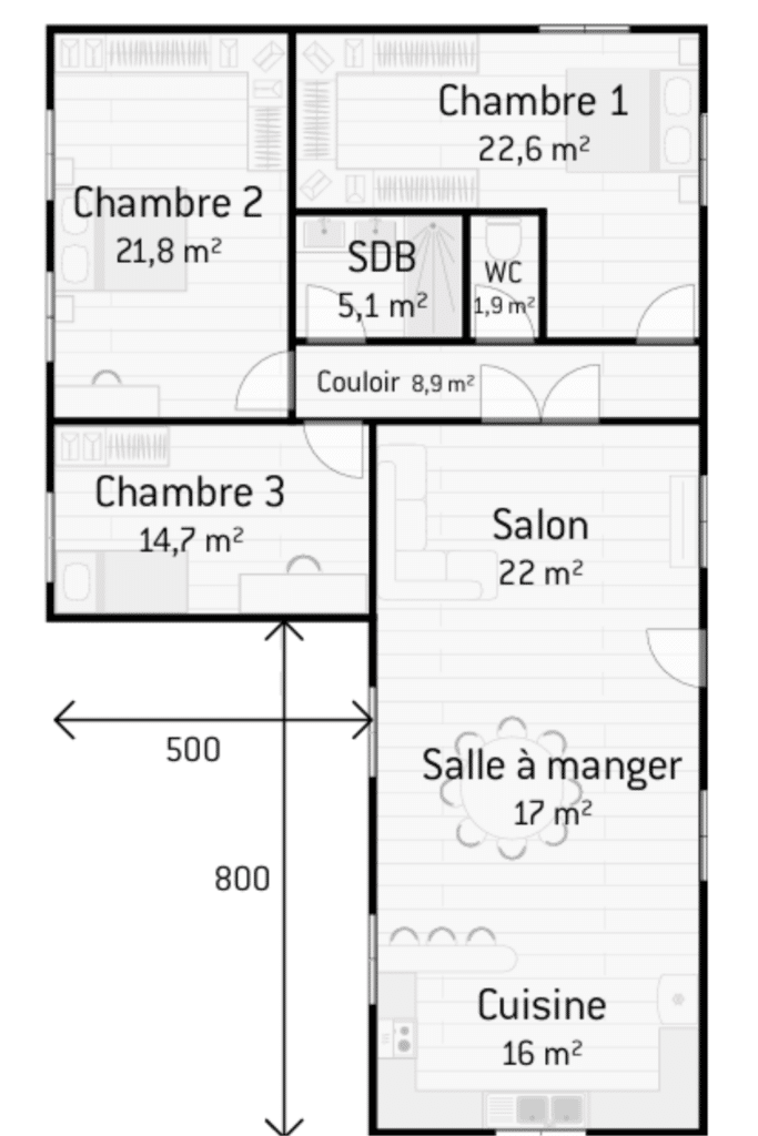plan de maison en L 130m2