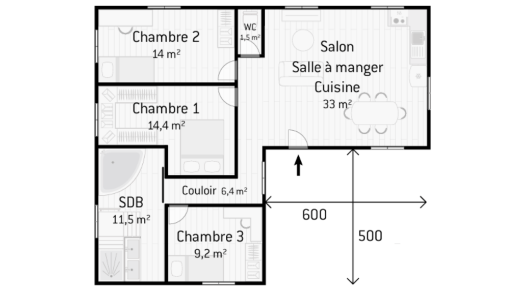 plan de maison en L 90m2 avec terrasse 30m2