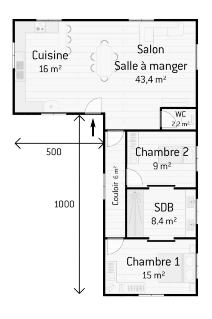 plan de maison en L 100m2 avec terrasse 50m2