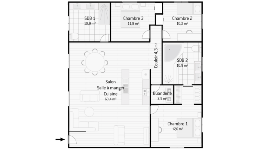 plan maison plain pied 3 chambres 140m2 avec séjour 60m2