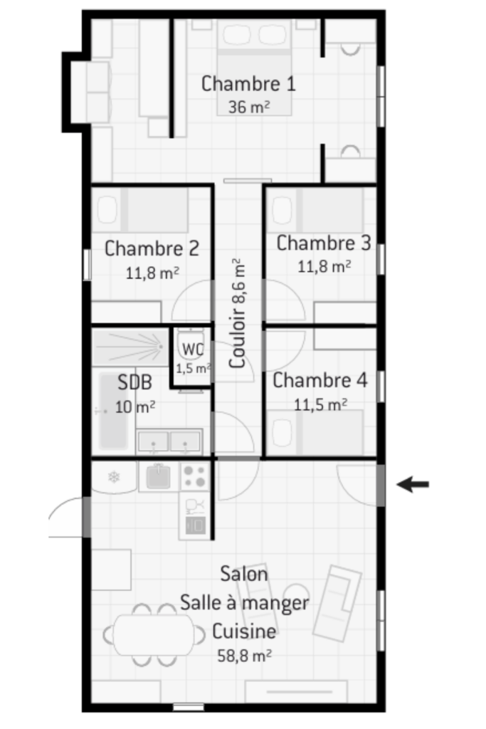 plan maison plain pied 4 chambres 140m2 et pièce de vie 60m 2